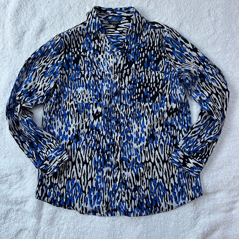 Talbots Blue and Black Abstract Blouse